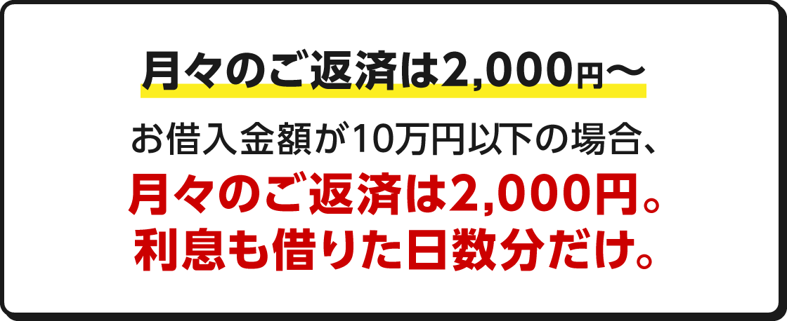 月々のご返済は2,000円～ お借入金額が10万円以下の場合、月々のご返済は2,000円。利息も借りた日数分だけ。