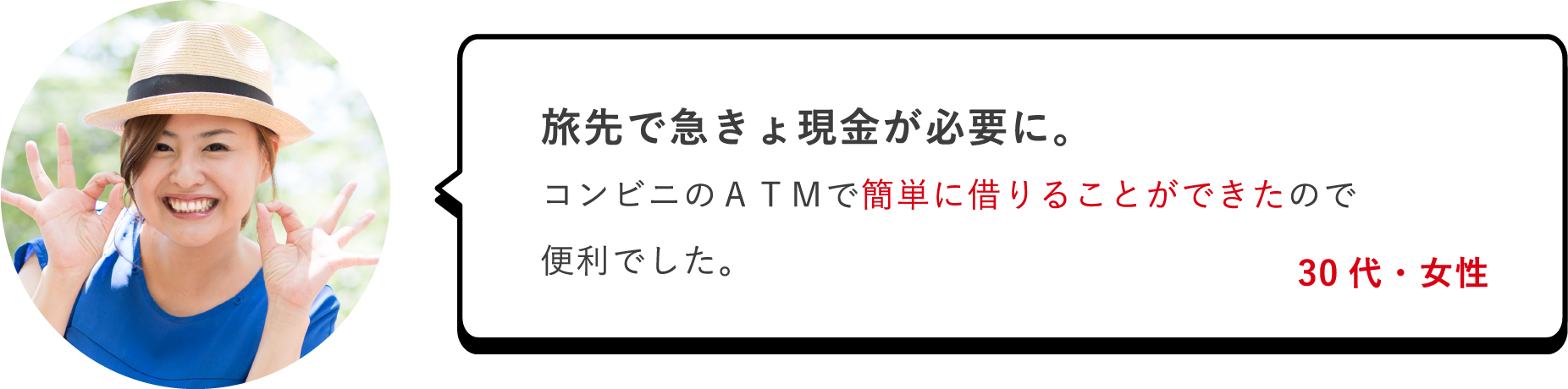 旅先で急きょ現金が必要に。コンビニのＡＴＭで簡単に借りることができたので便利でした。（30代・女性）