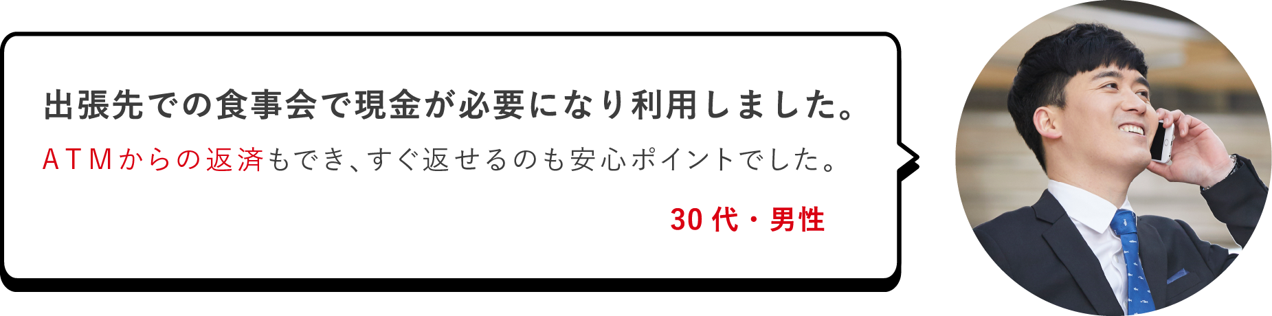 出張先での食事会で現金が必要になり利用しました。ＡＴＭからの返済もでき、すぐ返せるのも安心ポイントでした。（30代・男性）